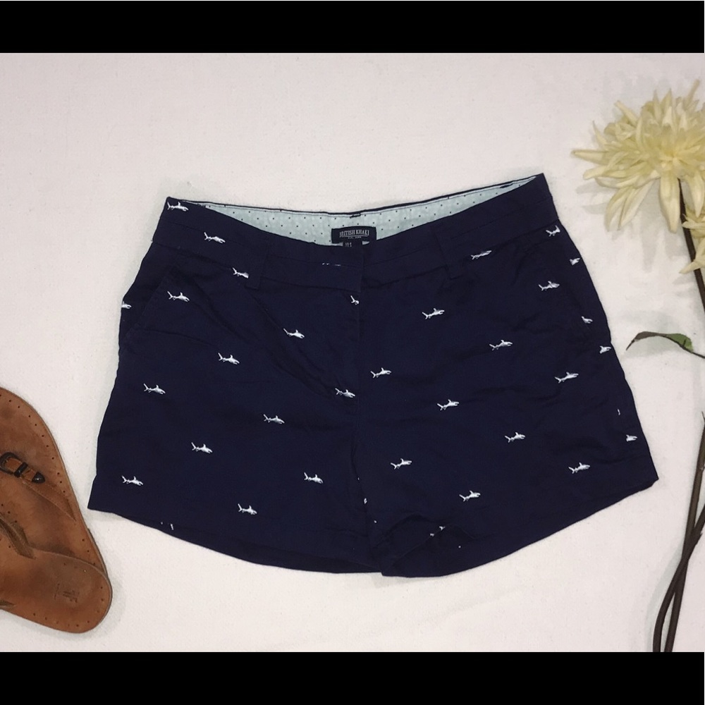 British Khaki Shark Embroidered Blue Shorts